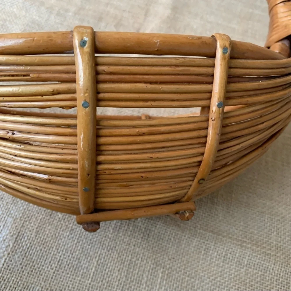 Vintage Handmade Bamboo Rattan Gathering Egg Basket Boho Farmhouse